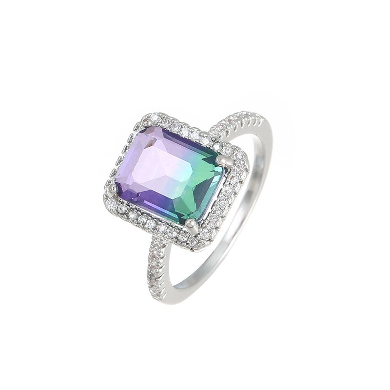 Super Flash Large Square Diamond Gradient Purple Green Tourmaline Crystal Ring Women'S Zircon Ring Niche Light Luxury Jewelry - Image 1